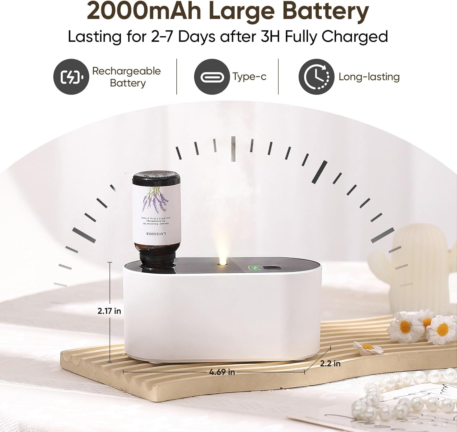 Lecdura Waterless Diffuser for Essential Oil, Battery Operated Scent Air Aromatherapy Diffuser, Mini Aroma Diffusers with 3 Intermittent Mist Modes, Cycle Start for 400-700 sq.ft Home Office Bedroom.