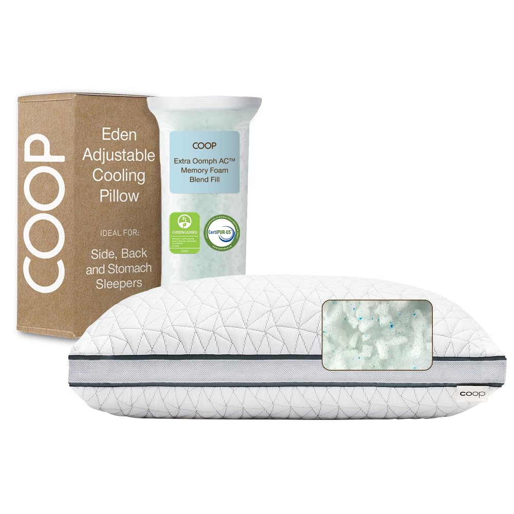 Coop Home Goods Eden Bed Pillow Queen Size for Sleeping on Back, Stomach and Side Sleeper- Medium Soft Memory Foam Cooling Gel - CertiPUR-US/GREENGUARD Gold